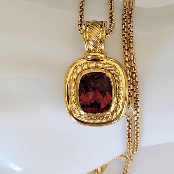 David Yurman Albion 18K Yellow Gold Pink Tourmaline Pendant & Box Chain Necklace - Picture 1 of 15